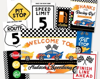 Printable Race Car Birthday Decorations Set, Racecar Driver Poster Kit, Fueling Station & Traffic Light Template, Personalized Wall Decor