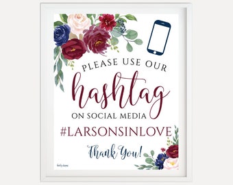 Elegant Navy and Burgundy Wedding Hashtag Sign Template - Printable, Hashtag Wedding Sign Printable, Hashtag Sign Wedding, Wedding Sign