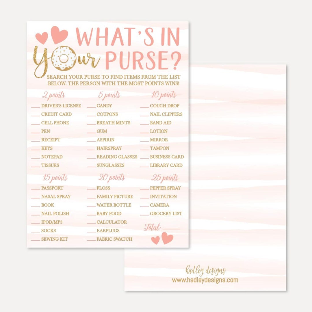 Pink Donut Baby Shower What's in Your Purse Game? Template - Whats in ...