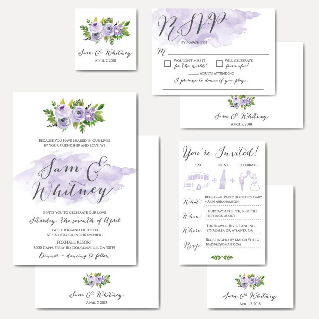 Lavender Floral Watercolor Wedding Invitation Suite, Online Wedding ...