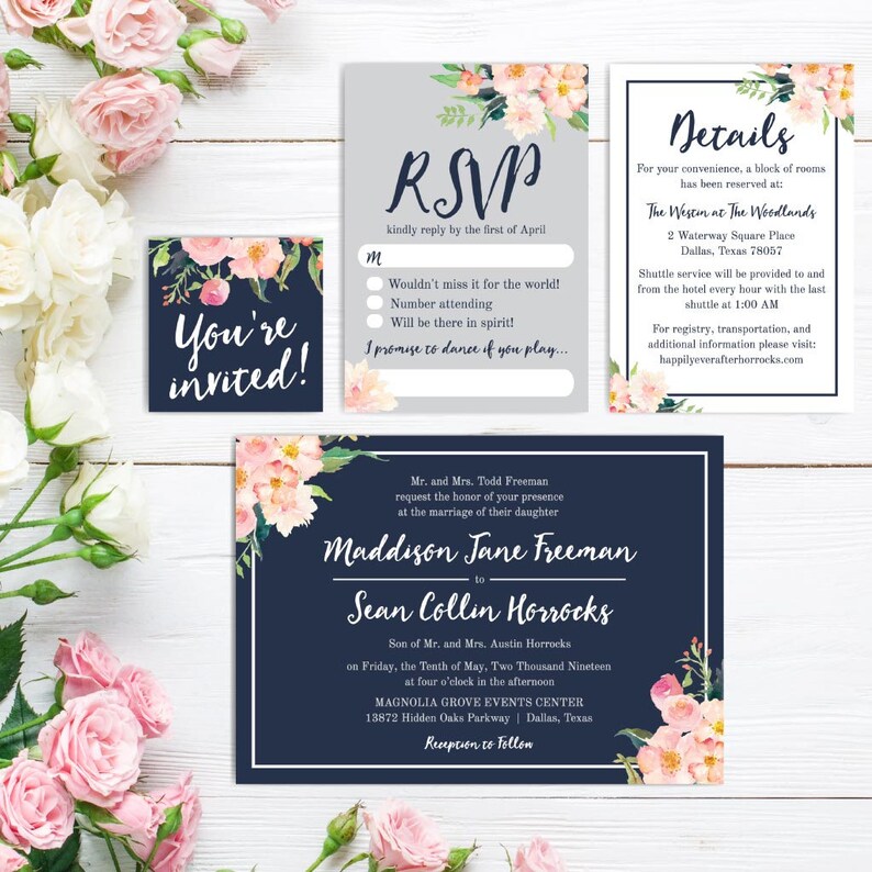 Navy Blue and Blush Floral Wedding Invitation Suite, Online Wedding Invite Template, Affordable Wedding Invitation Package, Hadley Designs image 6