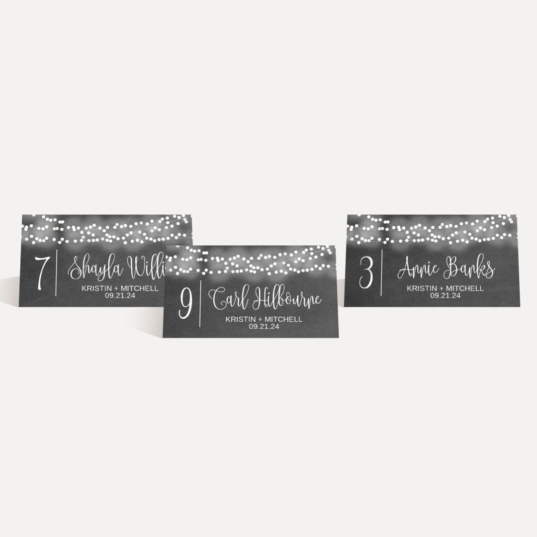 Chalk Lace Lights Wedding Place Cards Template Place Cards Wedding Reception, Wedding Place Card