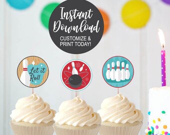 Cupcake Topper Instant Download, Printable Party Decorations, Cupcake Pick Flags, Cupcake Picks Happy Birthday, Bowling Party Ideas