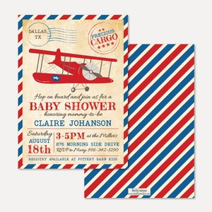 Plantilla de invitación a baby shower en avión: invitación a brunch para bebés, invitación editable a baby shower, invitaciones a baby shower de género neutro
