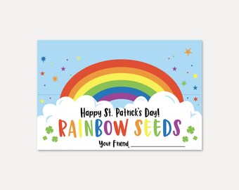 Op de afbeelding: Een blauwe en witte kaart met een regenboog en wolken. De kaart zegt "Gelukkig St. Patrick's Day! Regenboogzaden" en heeft een ruimte voor een naam.