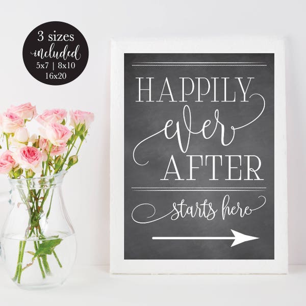 Chalkboard Happily Ever After Starts Here Wedding Sign, Welcome Directional Sign, Rustic Right Arrow Printable Sign, DIY Instant Download