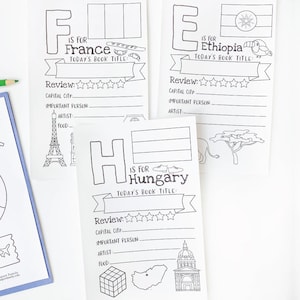 May include: Black and white printable worksheet for kids to learn about different countries. The worksheet features the letters F, E, and H, each representing a different country: France, Ethiopia, and Hungary. Each section includes a flag, a map, and space for writing the capital city, an important person, an artist, and a food from that country.