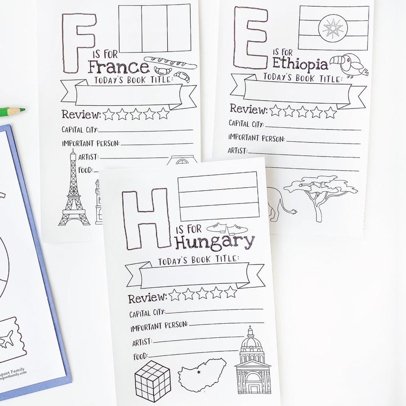 May include: Black and white printable worksheet for kids to learn about different countries. The worksheet features the letters F, E, and H, each representing a different country: France, Ethiopia, and Hungary. Each section includes a flag, a map, and space for writing the capital city, an important person, an artist, and a food from that country.