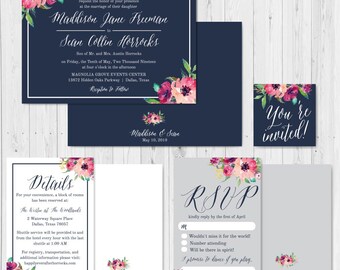 Dark Floral Navy Wedding Invite Suite, Online Wedding Invite Templates, Affordable Wedding Invitation Package, Hadley Designs