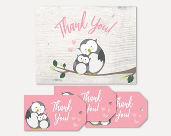 Owl Girl Gray Pink Thank You Card Set, Favor Tag Bundle, Thank You Card and Favor Tag Bundle, Baby Shower Thank You Favor Package