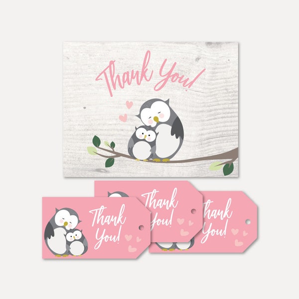 Owl Girl Gray Pink Thank You Card Set, Favor Tag Bundle, Thank You Card and Favor Tag Bundle, Baby Shower Thank You Favor Package