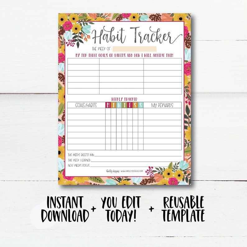 May include: A printable habit tracker with a floral design. The tracker has sections for goals, habits, weekly tracking, and rewards. The text on the page reads "Habit Tracker", "The Week Of", "My Top Three Goals or Habits and How I Will Achieve Them", "Weekly Tracker", "Goals/Habits", "My Rewards", "This Week's Biggest Win", "This Week I Learned", "Next Week's Focus", "Instant Download", "You Edit Today", "Reusable Template".