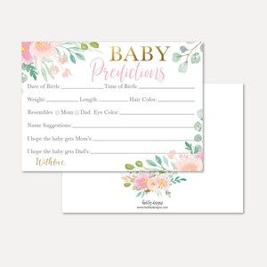 Plantilla de tarjeta de predicciones de baby shower floral pastel rosa - recuerdo baby shower imprimible, predicción de descarga instantánea, diseños Hadley