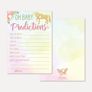 Modelo de cartão de previsões para chá de bebê de unicórnio com glitter dourado - lembrança para chá de bebê para impressão, previsão de download instantâneo, designs Hadley