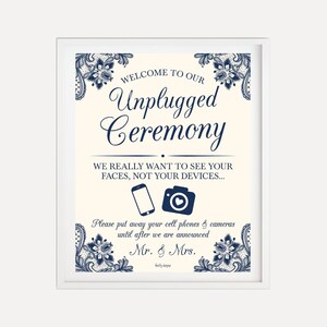 Elegant Navy and Blush Lace Wedding Unplugged Ceremony Sign Template - Wedding Unplugged Sign, Unplugged Wedding Sign, Wedding Ceremony Sign