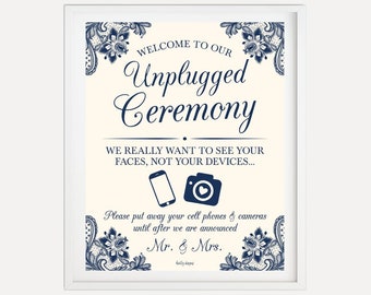 Elegant Navy and Blush Lace Wedding Unplugged Ceremony Sign Template - Wedding Unplugged Sign, Unplugged Wedding Sign, Wedding Ceremony Sign