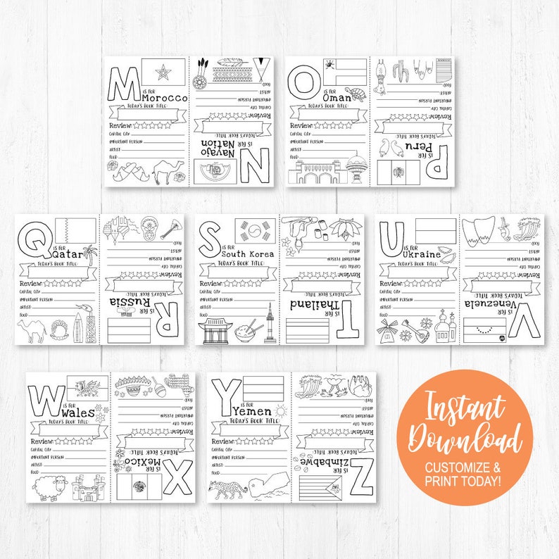 May include: Black and white printable alphabet flashcards featuring countries around the world. Each card includes a letter, country name, and a few illustrations related to the country. The cards are designed for children to learn about different countries and cultures.