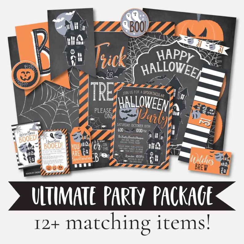 May include: A Halloween party package with 12+ matching items. The package includes a variety of printable items, such as invitations, banners, and food labels. The items are decorated with a black and orange color scheme and feature spooky Halloween imagery, such as ghosts, bats, and pumpkins.