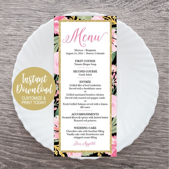 Wedding Menu Cheap Pdf Printable Wedding Menu Template Etsy