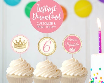 Party Toppers, Princess Birthday Party, Printable Toppers, Personalized Cupcake Topper Editable, Princess Cupcake Toppers Printable,