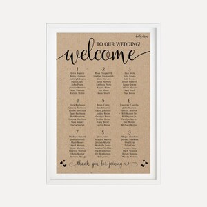 Modèle de signe de carte de sièges de mariage de calligraphie Kraft - modèle de plan de salle, plan de salle imprimable, plan de salle de mariage, signe PDF
