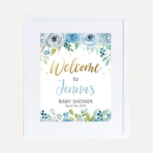 Plantilla de signo de bienvenida de baby shower floral azul verde azulado - Signo de tarjetas de baby shower, decoraciones editables de baby shower, baby shower barato