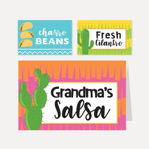 Cartes imprimables de tente de nourriture de barre de Taco, modèle fait sur commande d'étiquettes de dessert mexicain, étiquettes modifiables personnalisées de buffet de fiesta, idées de Cinco De Mayo