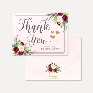 Blush Aquarelle Bourgogne Floral Mariage Modèle de carte de remerciement - En vrac, modèle de remerciement modifiable, carte de remerciement DIY pour le mariage