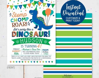 Pode incluir: Um convite de aniversário de festa de dinossauro imprimível com uma ilustração de dinossauro azul. O convite diz "Stomp Chomp Roar! Let's party like a Dinosaur! Hudson is turning 4!" e inclui a data, a hora e o local da festa.