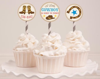 Cowboy Baby Shower Cupcake Toppers Template  - Baby Shower Cupcake Decorations, DIY Printable Cupcake Topper, Party Cupcake