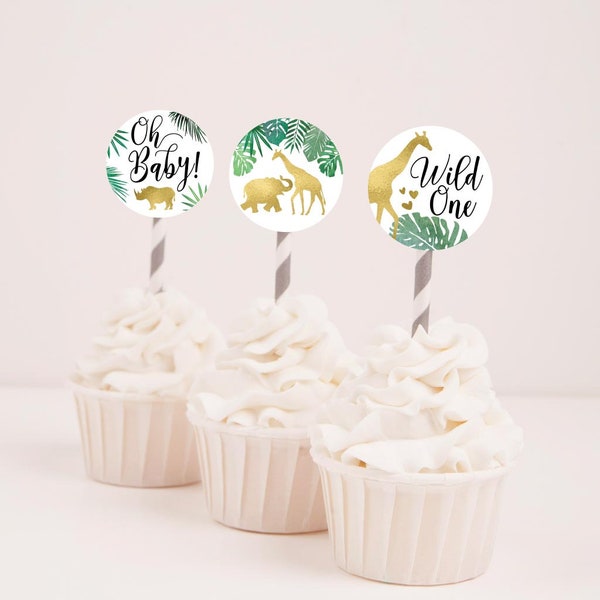 Gold Safari Baby Shower Cupcake Toppers Template -Baby Shower Cupcake Decoration, Printable Cupcake Topper, Party Cupcake Topper
