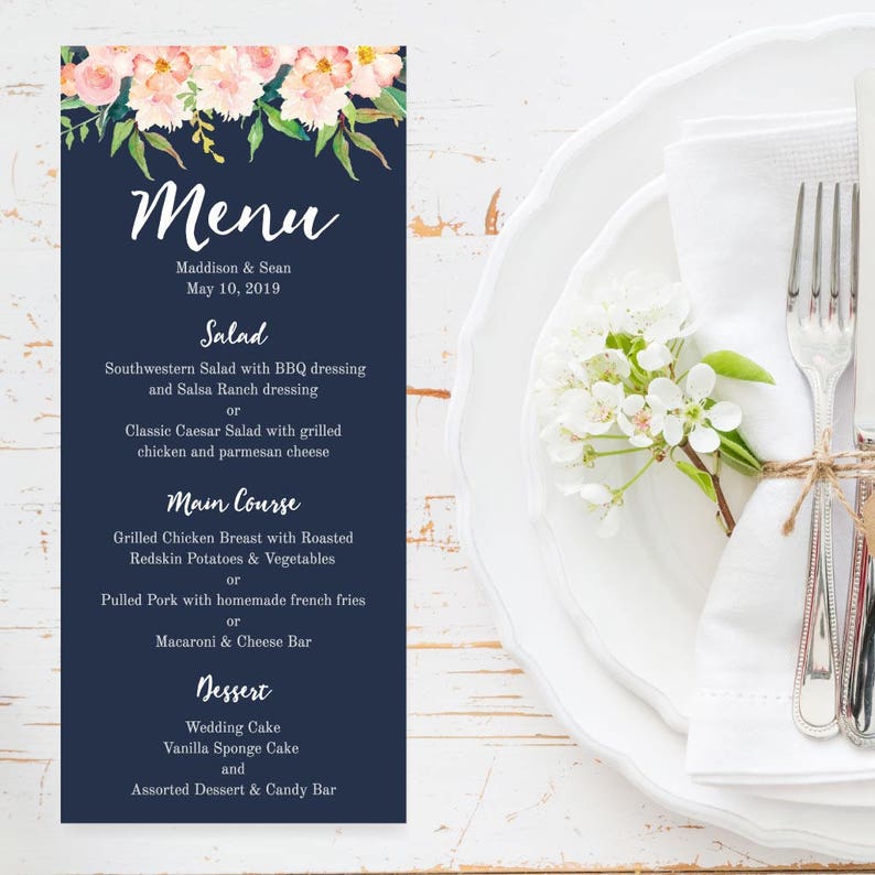 Navy and Blush Floral Wedding Menu Template Modern Pink 4x9 Etsy