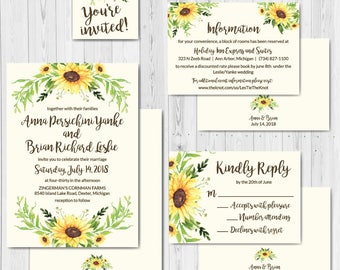 Cream Sunflower Wedding Invitation | Wedding Supply Templates | Affordable Wedding Invitations | RSVP | You're Invited | Summer Wedding