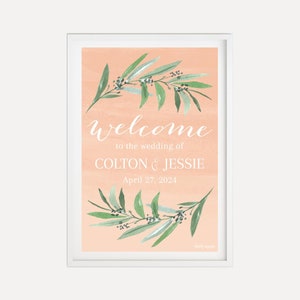 Peach Watercolor Wedding Welcome Sign Template - Segno di benvenuto per ricevimento di nozze, calligrafia di nozze, disegni Hadley, modificabile