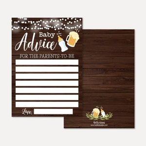 May include: A printable baby shower advice card with a woodgrain background. The card features a baby bottle and a beer mug with the text "Baby Advice for the Parents-to-Be".