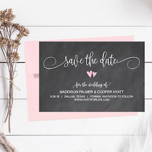 Chalkboard Printable Wedding Save The Date Cards Editable Template, Rustic Modern Hearts PDF Save-The-Date, Invitation Instant Download DIY