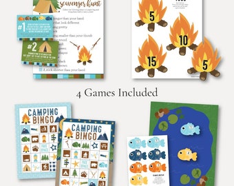 May include: Four printable camping games for kids. The games include a scavenger hunt, a marshmallow toss, a camping bingo game, and a fish pond game. The games are illustrated with a campfire, fish, and camping equipment.