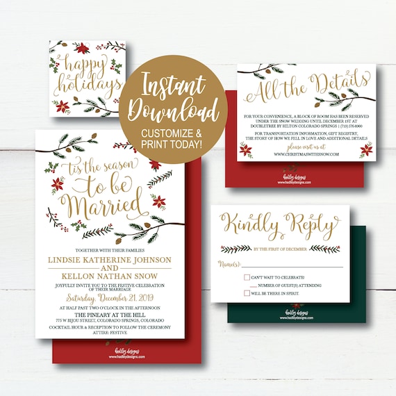 Holiday Wedding Invitation Template Winter Rustic Printable Etsy