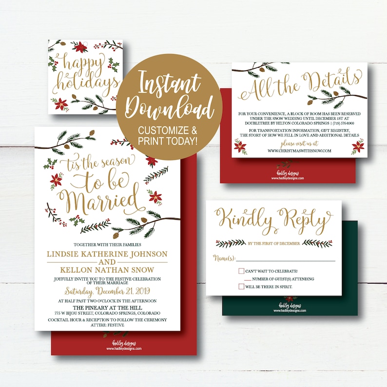 Holiday wedding invitation, RSVP, All the Details, Happy holidays, Instant Download, Winter-themed wedding, invitation set for winter wedding, invitation set for winter themed reception, wedding supplies for snowy wedding, green and red poinsettia