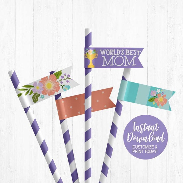 Mother's Day Custom Straw Tags Template, Printable Breakfast In Bed Paper Flag Party Straw Toppers, Digital Toothpick Flags, DIY Drink Decor