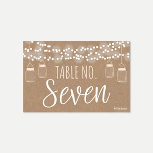 Plantilla de números de mesa de boda rústica Kraft de luces de árbol - Números de mesa de bricolaje para una boda, número de mesa imprimible editable, descarga digital