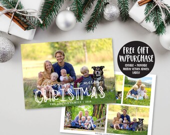 May include: A Christmas card featuring a family of five with a dog, sitting in a field. The card has the text "wishing you a merry CHRISTMAS" and "THE ARGYLE FAMILY | 2018". The card also includes a free gift with purchase of editable and printable holiday return address labels.