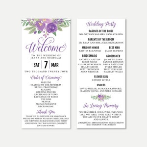 May include: Purple floral wedding program with a welcome message for Jenna and Nicholas, a wedding date of Saturday, March 7th, 2024, and a list of the wedding party members. The program also includes an order of ceremony and a thank you message.