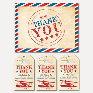 Airplane Blue Red Thank You Card, Favor Tag Bundle, Thank You Card and Favor Tag Bundle, Baby Shower Thank You Favor Package