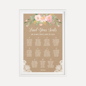 Modèle de signe de tableau de table de mariage rustique en dentelle florale Kraft - Modèle de plan de table, plan de table imprimable, plan de table de mariage, signe PDF