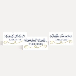 Plantilla elegante de tarjetas de lugar de boda con borde dorado azul marino - Tarjetas de lugar de recepción de boda, caligrafía de tarjeta de lugar de boda, PDF imprimible