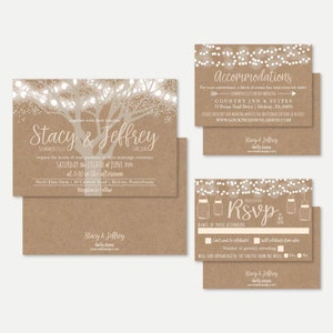 Tree Lights Kraft Rustic Wedding Invitation, RSVP, and Details Set Templates - Invitations de mariage avec RSVP inclus, Cartes bon marché, Kit