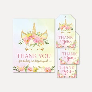 Gold Glitzer Einhorn Baby Shower Dankeskarte und Favor Tags Vorlagen - Favor Tag Bundle, Thank You Karte und Favor Tag Bundle, Baby Thank