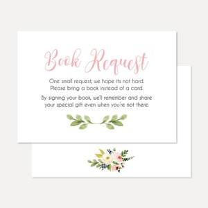 Roze crème blauw meisje bloemen baby shower boek aanvraag kaart, baby shower games afdrukbaar, baby shower boek aanvraag, zelf bewerken, DIY