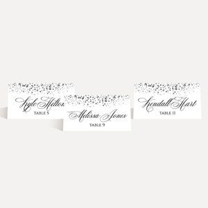Modelo de cartões de lugar de casamento preto com pontos prateados - Cartões de lugar para recepção de casamento, caligrafia de cartão de lugar de casamento, PDF para impressão